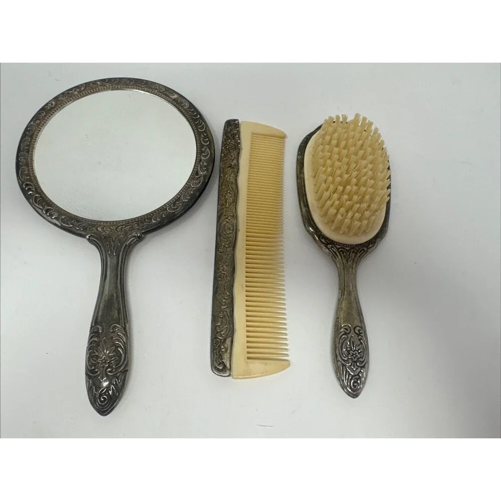 Silver Plated Vanity Set Vtg Hand Mirror Hair Brush Comb Victorian Art Nouveau